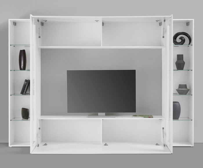 Parete attrezzata da Amel, Made in Italy, Porta TV, Set salotto moderno, cm 260x30h180, Bianco lucido, con luce LED blu e due vetrine