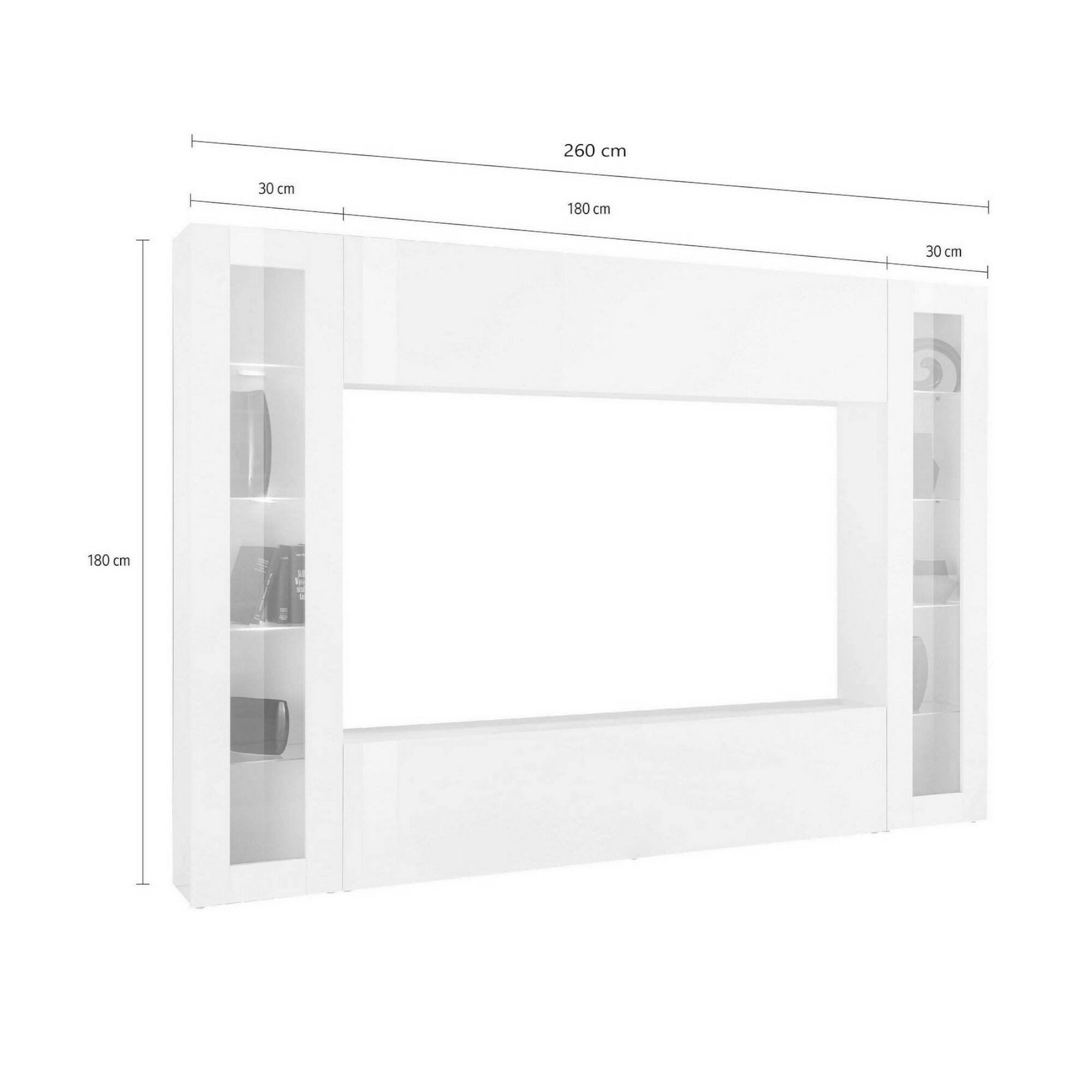 Parete attrezzata da Amel, Made in Italy, Porta TV, Set salotto moderno, cm 260x30h180, Bianco lucido, con luce LED blu e due vetrine
