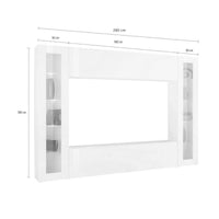 Parete attrezzata da Amel, Made in Italy, Porta TV, Set salotto moderno, cm 260x30h180, Bianco lucido, con luce LED blu e due vetrine