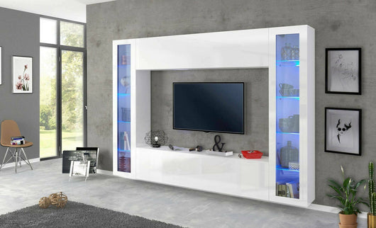 Parete attrezzata da Amel, Made in Italy, Porta TV, Set salotto moderno, cm 260x30h180, Bianco lucido, con luce LED blu e due vetrine