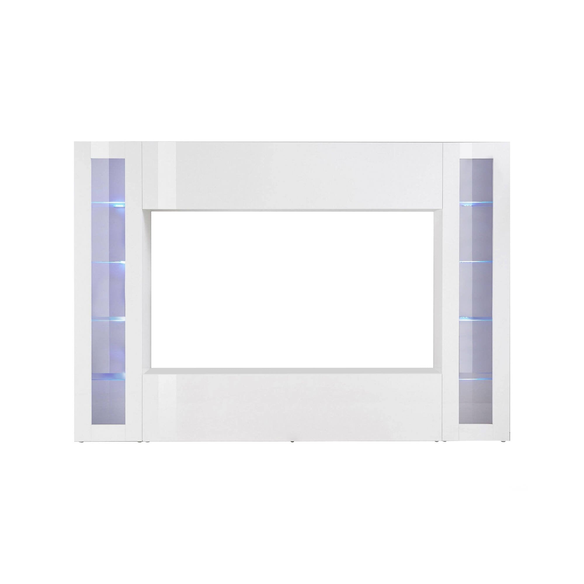 Parete attrezzata da Amel, Made in Italy, Porta TV, Set salotto moderno, cm 260x30h180, Bianco lucido, con luce LED blu e due vetrine