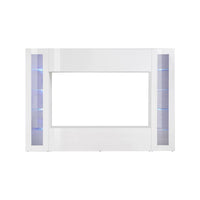 Parete attrezzata da Amel, Made in Italy, Porta TV, Set salotto moderno, cm 260x30h180, Bianco lucido, con luce LED blu e due vetrine
