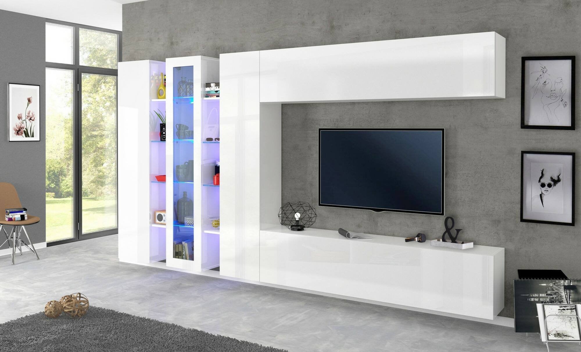 Parete attrezzata da Arkan, Made in Italy, con luce LED blu, Base porta TV e pensili e scaffali, Set salotto moderno, cm 340x30h180, colore Bianco lucido
