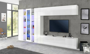 Parete attrezzata da Arkan, Made in Italy, con luce LED blu, Base porta TV e pensili e scaffali, Set salotto moderno, cm 340x30h180, colore Bianco lucido