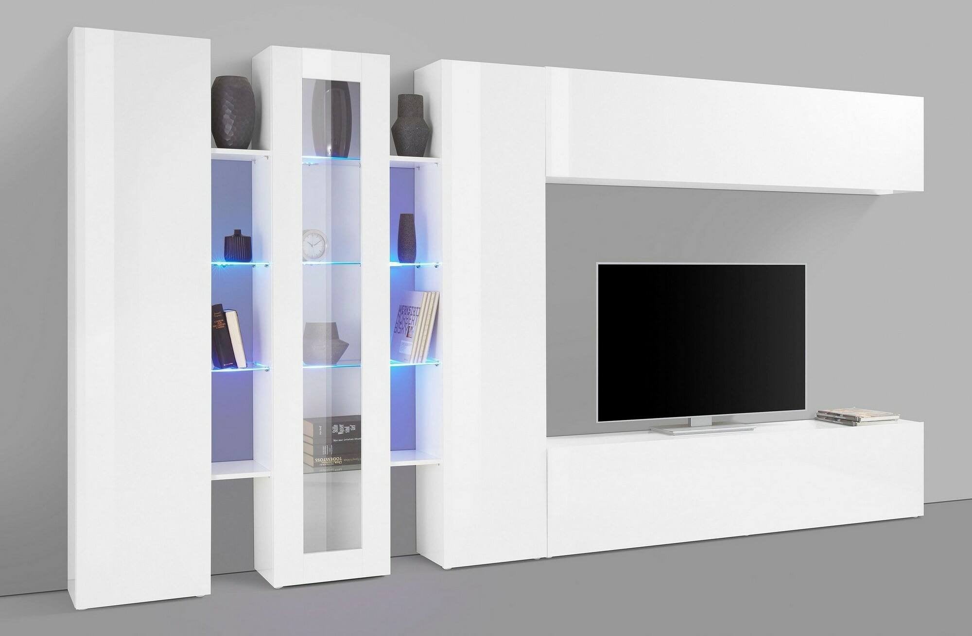 Parete attrezzata da Arkan, Made in Italy, con luce LED blu, Base porta TV e pensili e scaffali, Set salotto moderno, cm 340x30h180, colore Bianco lucido