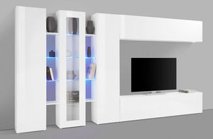 Parete attrezzata da Arkan, Made in Italy, con luce LED blu, Base porta TV e pensili e scaffali, Set salotto moderno, cm 340x30h180, colore Bianco lucido