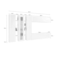 Parete attrezzata da Arkan, Made in Italy, con luce LED blu, Base porta TV e pensili e scaffali, Set salotto moderno, cm 340x30h180, colore Bianco lucido
