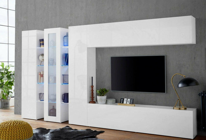 Parete attrezzata da Arkan, Made in Italy, con luce LED blu, Base porta TV e pensili e scaffali, Set salotto moderno, cm 340x30h180, colore Bianco lucido