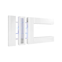 Parete attrezzata da Arkan, Made in Italy, con luce LED blu, Base porta TV e pensili e scaffali, Set salotto moderno, cm 340x30h180, colore Bianco lucido