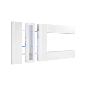 Parete attrezzata da Arkan, Made in Italy, con luce LED blu, Base porta TV e pensili e scaffali, Set salotto moderno, cm 340x30h180, colore Bianco lucido