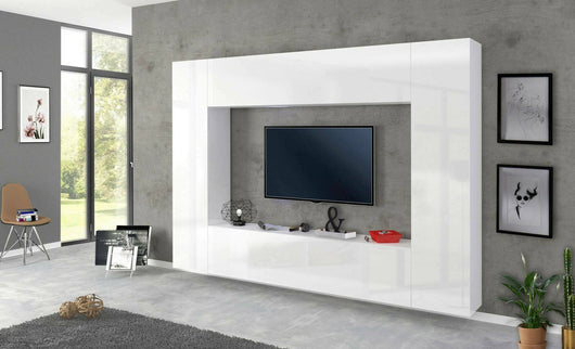 Parete attrezzata da Amel, Made in Italy, Porta TV, Set salotto moderno, cm 260x30h180, Bianco lucido