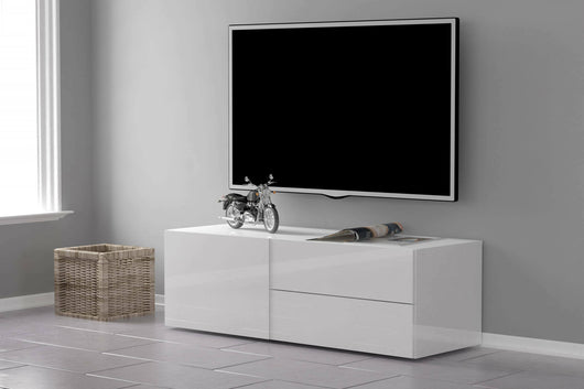 Mobile da soggiorno Porta Amleto, Made in Italy, Credenza per Amleto da salotto a 1 anta e 2 cassetti, cm 110x40h35, Bianco lucido