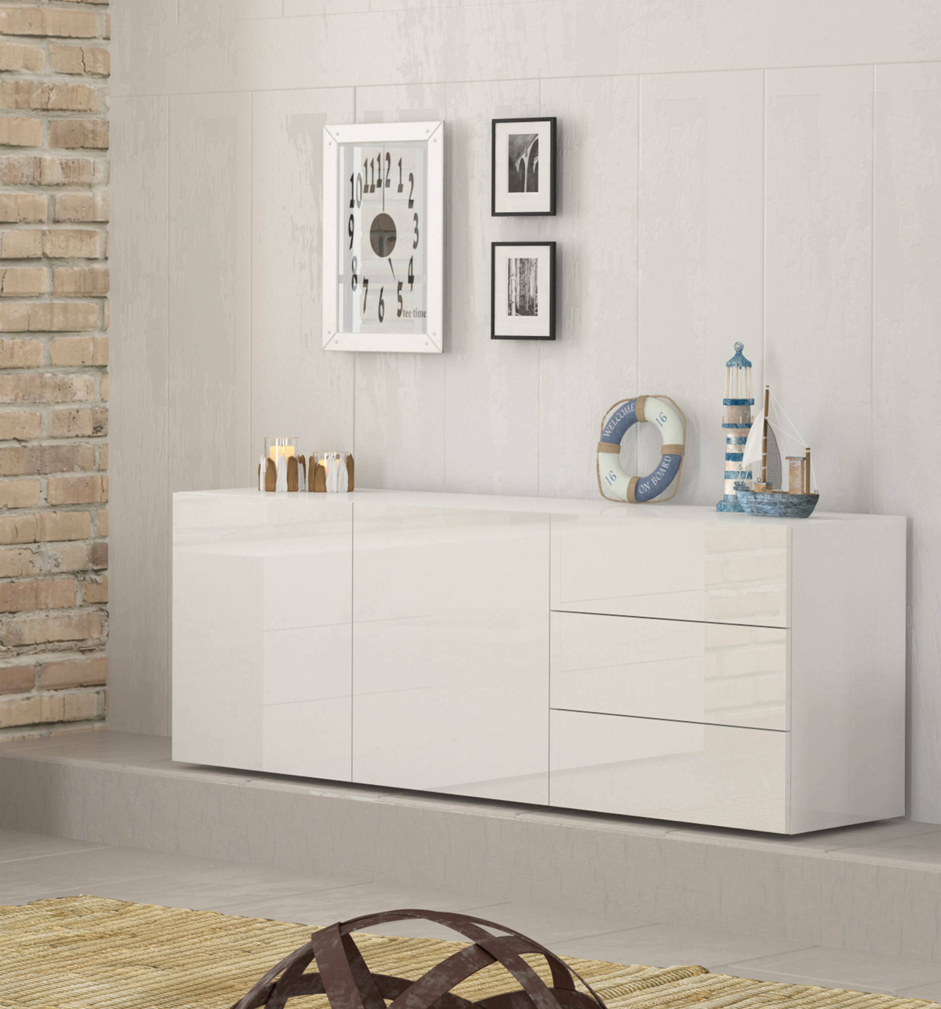 Credenza moderna a 2 ante e 3 Andie, Made in Italy, Madia da cucina, Buffet di design da soggiorno, cm 170x40h35, Bianco lucido