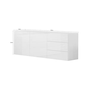 Credenza moderna a 2 ante e 3 Andie, Made in Italy, Madia da cucina, Buffet di design da soggiorno, cm 170x40h35, Bianco lucido