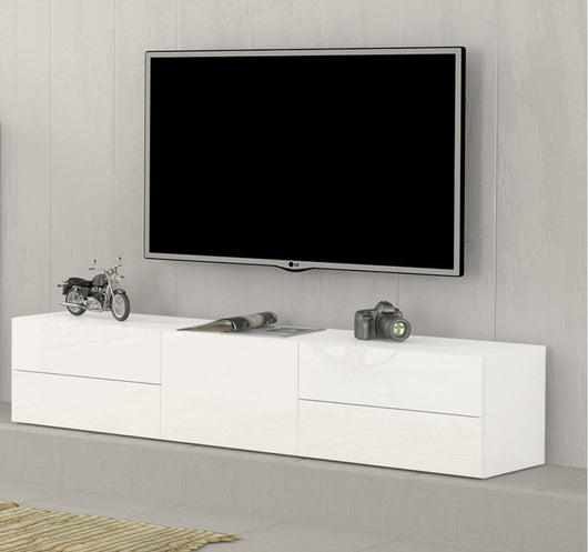 Mobile da soggiorno Porta Ariad, Made in Italy, Credenza per Ariad da salotto a 1 anta e 4 cassetti, cm 170x40h35, Bianco lucido