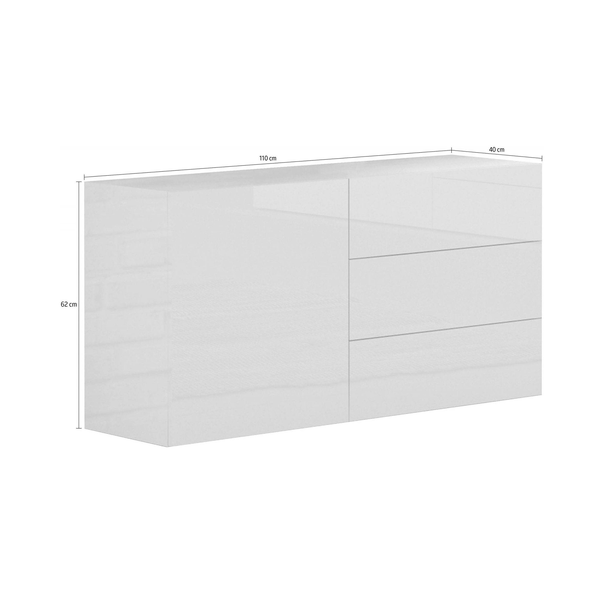 Credenza moderna a 1 anta e 3 Benvenuta, Made in Italy, Madia da cucina, Buffet di design da soggiorno, cm 110x40h35, Bianco lucido