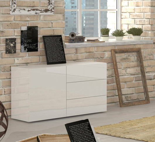 Credenza moderna a 1 anta e 3 Benvenuta, Made in Italy, Madia da cucina, Buffet di design da soggiorno, cm 110x40h35, Bianco lucido