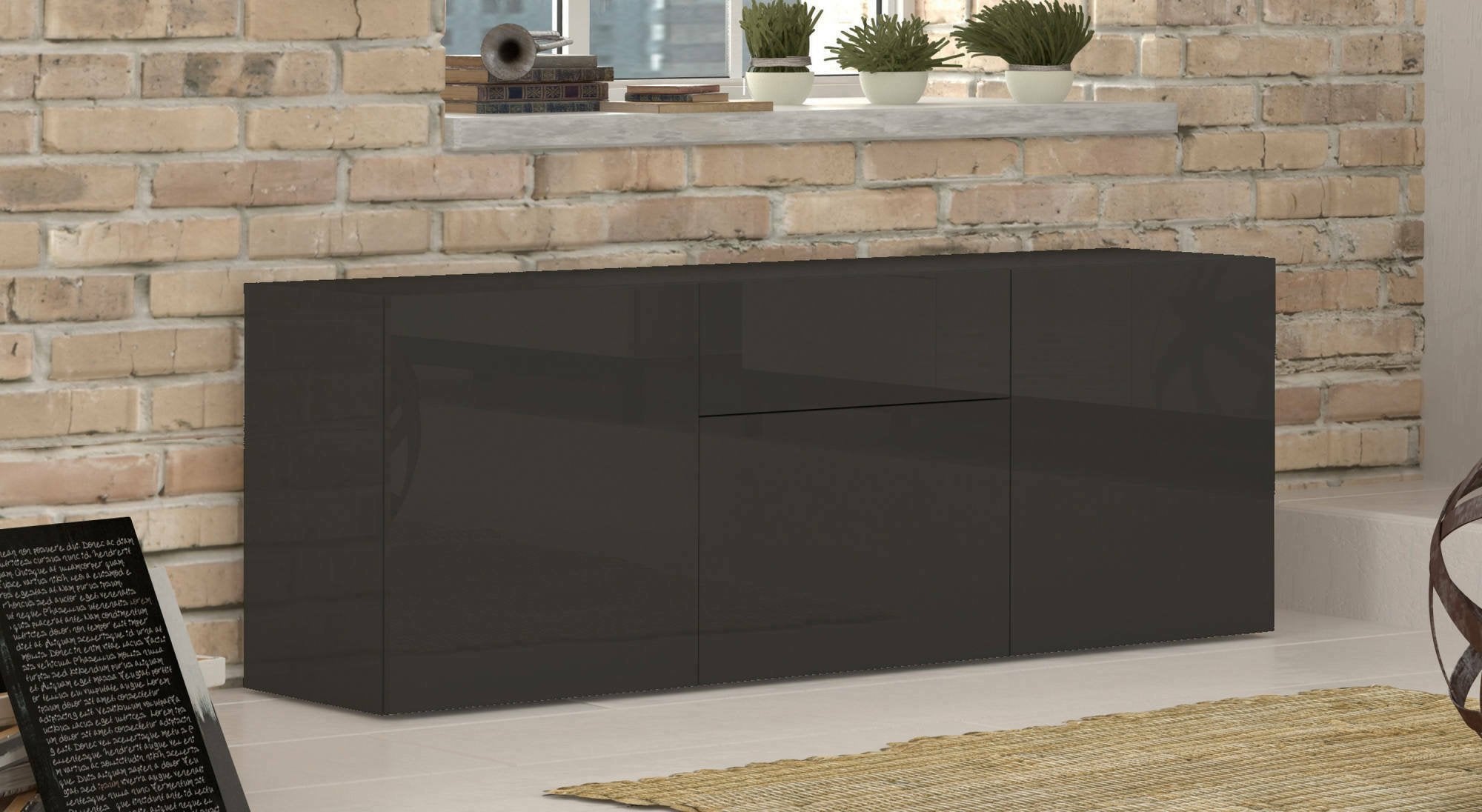 Credenza moderna a 3 ante e 1 Arina, Made in Italy, Madia da cucina, Buffet di design da soggiorno, con piedini, cm 170x40h35, Antracite lucido