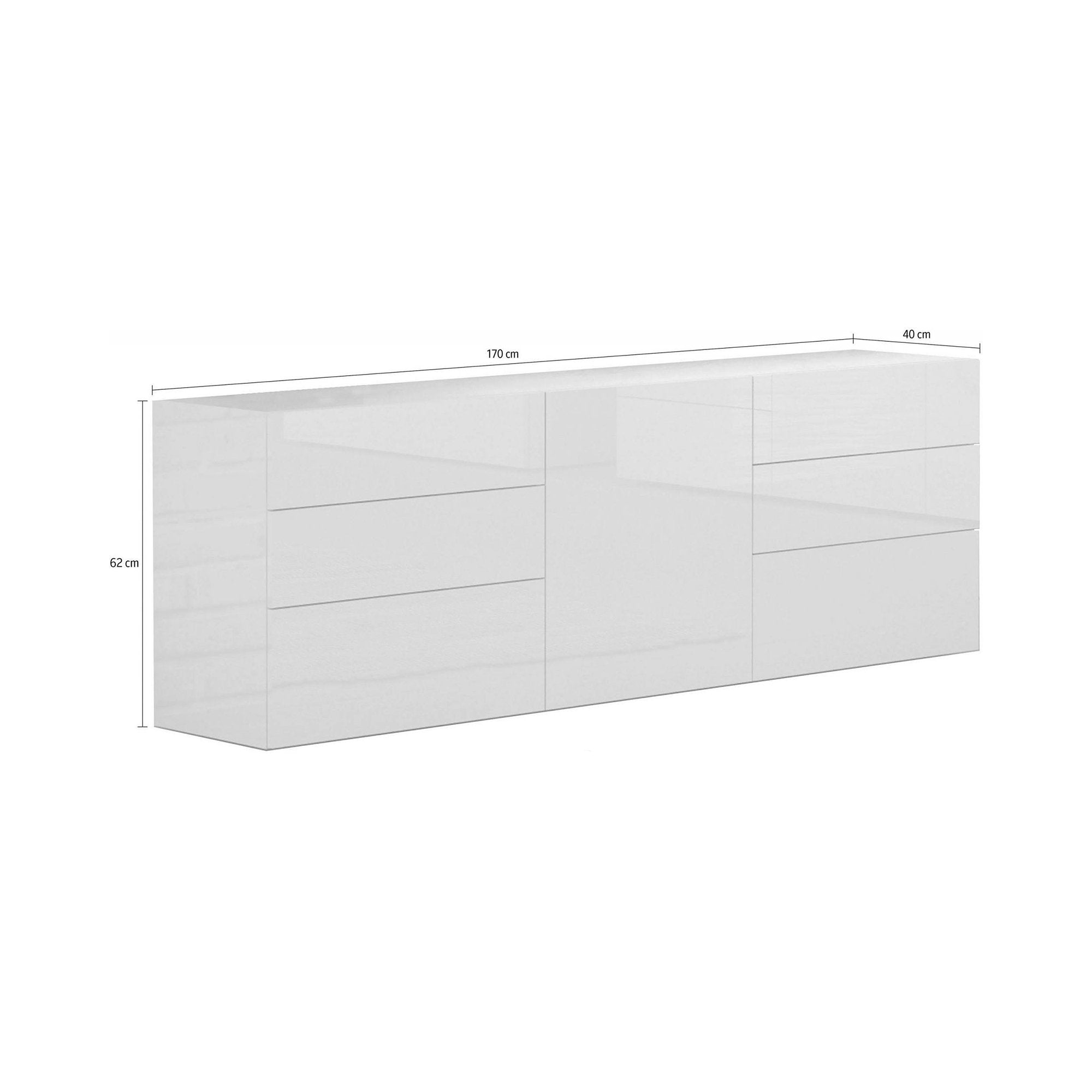 Credenza moderna a 1 anta e 6 Agito, Made in Italy, Madia da cucina, Buffet di design da soggiorno, cm 170x40h35, Bianco lucido