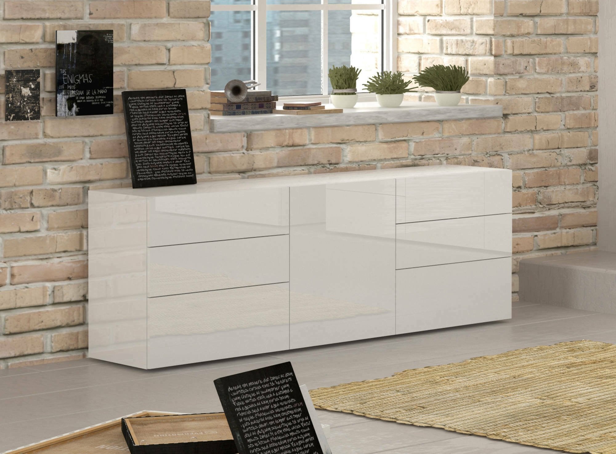 Credenza moderna a 1 anta e 6 Agito, Made in Italy, Madia da cucina, Buffet di design da soggiorno, cm 170x40h35, Bianco lucido