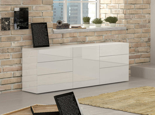 Credenza moderna a 1 anta e 6 Agito, Made in Italy, Madia da cucina, Buffet di design da soggiorno, cm 170x40h35, Bianco lucido