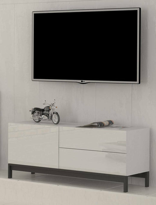 Mobile da soggiorno Porta Azad, Made in Italy, Credenza per Azad da salotto rialzata, 1 anta e cassetti, cm 110x40h47, Bianco lucido