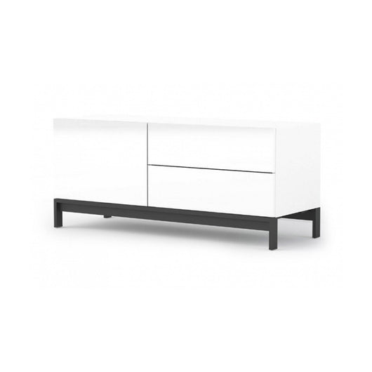 Mobile da soggiorno Porta Azad, Made in Italy, Credenza per Azad da salotto rialzata, 1 anta e cassetti, cm 110x40h47, Bianco lucido