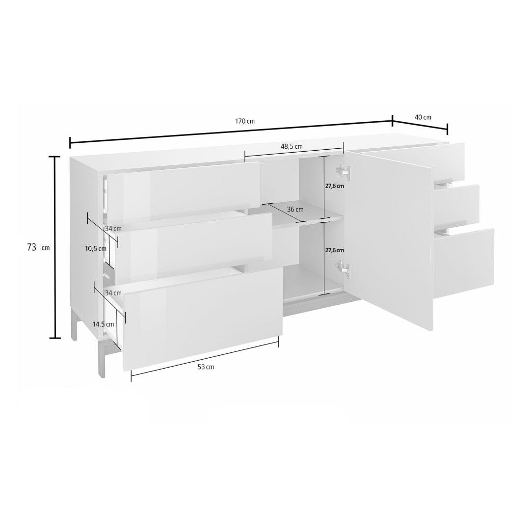 Credenza moderna a 1 anta e 6 Pirite, Made in Italy, Madia da cucina, Buffet di design da soggiorno, con piedini, cm 170x40h47, Bianco lucido
