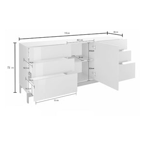 Credenza moderna a 1 anta e 6 Pirite, Made in Italy, Madia da cucina, Buffet di design da soggiorno, con piedini, cm 170x40h47, Bianco lucido