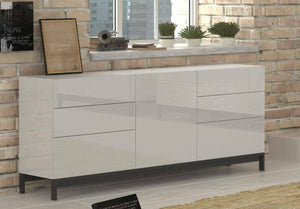 Credenza moderna a 1 anta e 6 Pirite, Made in Italy, Madia da cucina, Buffet di design da soggiorno, con piedini, cm 170x40h47, Bianco lucido