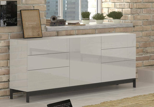 Credenza moderna a 1 anta e 6 Pirite, Made in Italy, Madia da cucina, Buffet di design da soggiorno, con piedini, cm 170x40h47, Bianco lucido