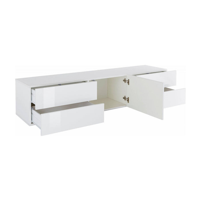 Mobile da soggiorno Porta Ardesia, Made in Italy, Credenza per Ardesia da salotto rialzato con 1 anta e 4 cassetti, cm 170x40h47, Bianco lucido