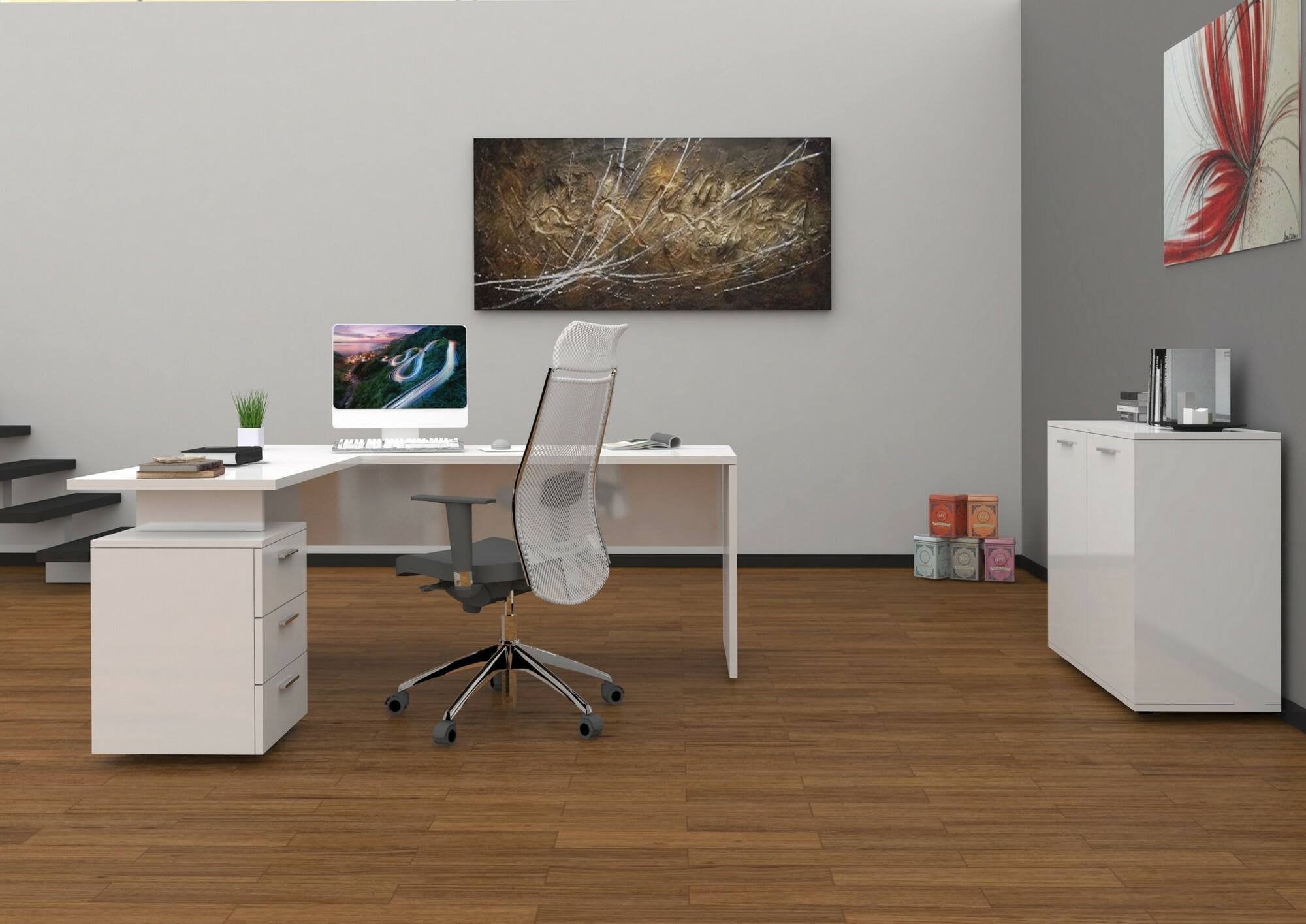 Scrivania ad Ascuby, Made in Italy, Tavolo da computer minimal, Scrittoio porta PC, cm 160x60h75, Bianco lucido