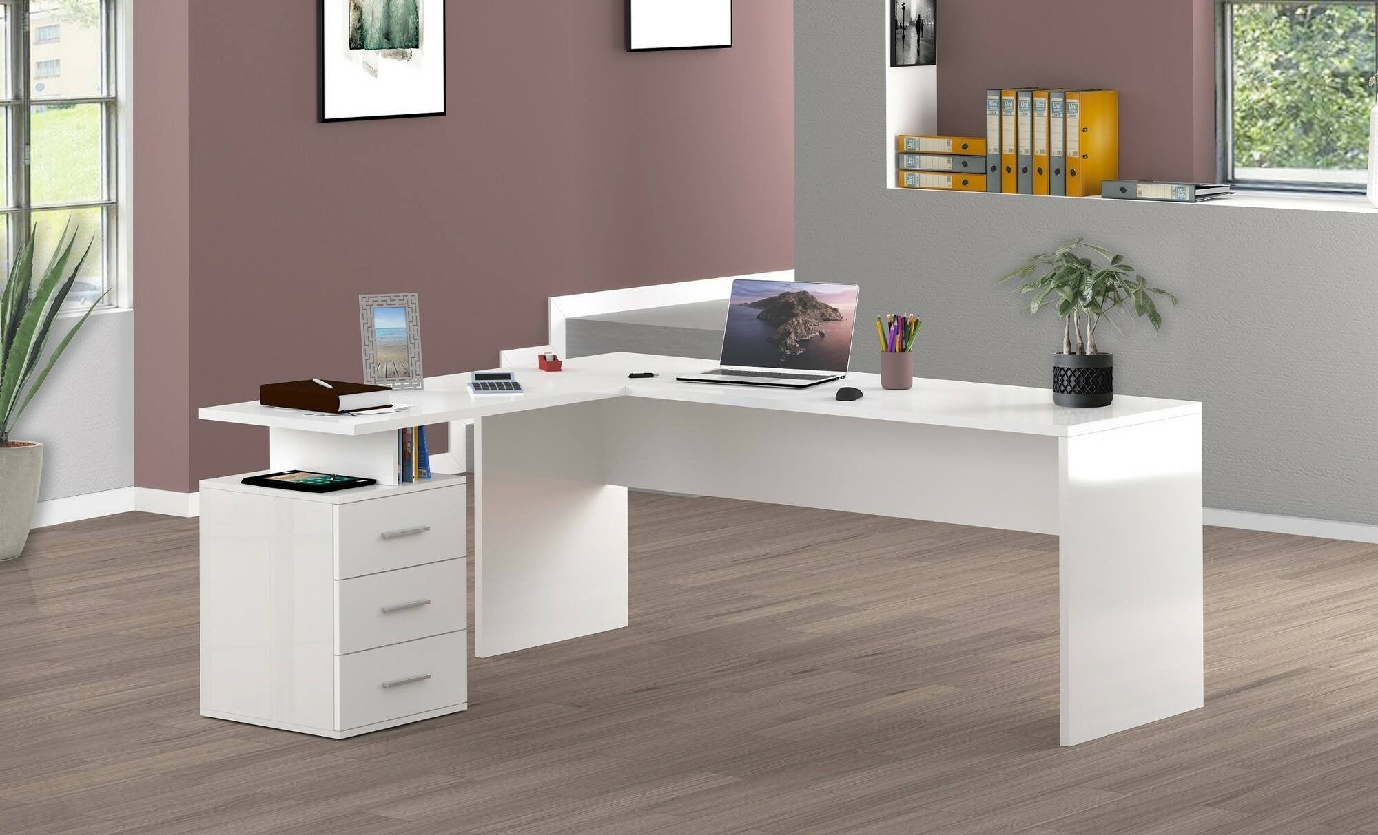 Scrivania ad Ascuby, Made in Italy, Tavolo da computer minimal, Scrittoio porta PC, cm 160x60h75, Bianco lucido