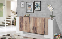 Credenza moderna a 6 Hades, Made in Italy, Madia da cucina, Buffet di design da soggiorno, cm 210x45h85, Bianco lucido e Acero