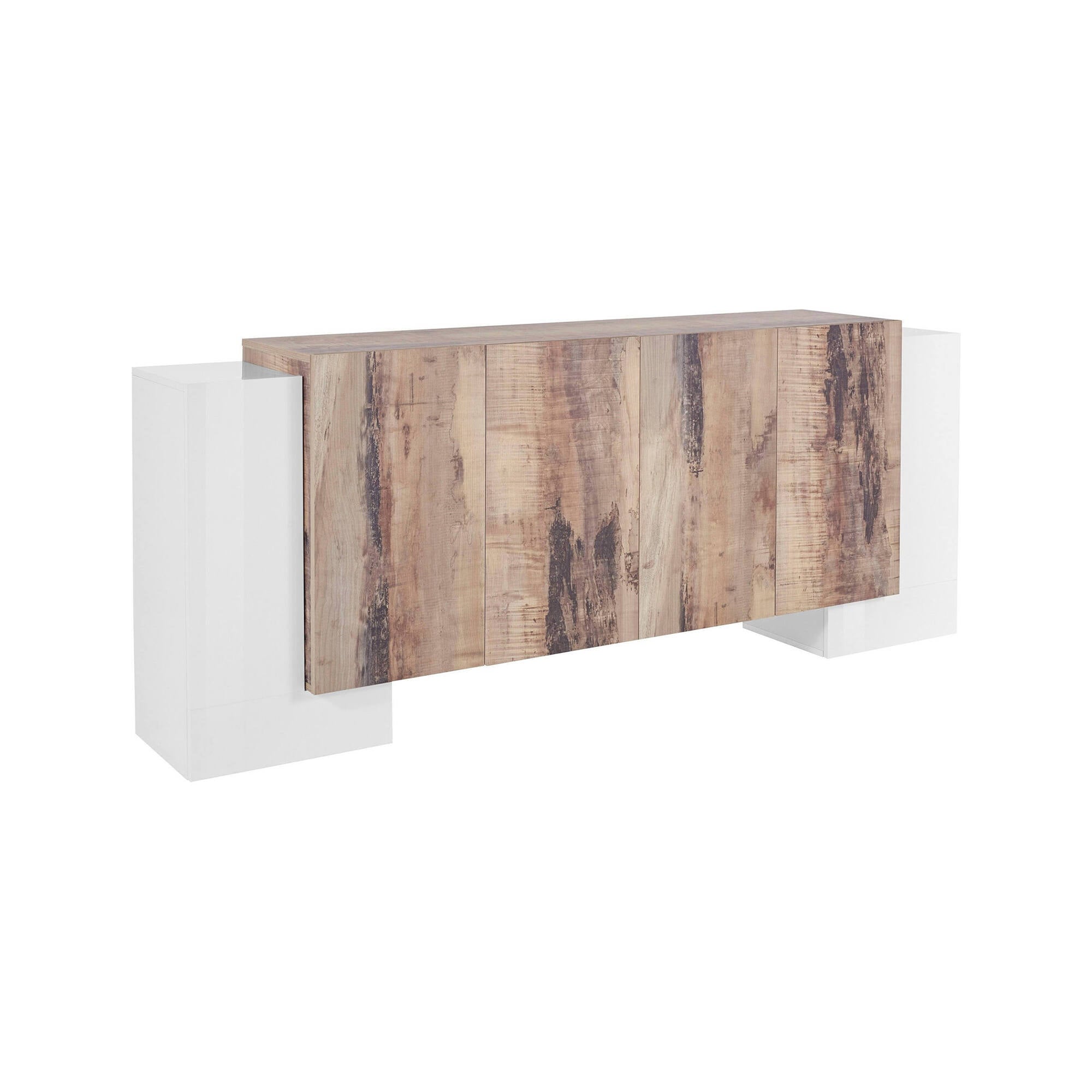 Credenza moderna a 6 Hades, Made in Italy, Madia da cucina, Buffet di design da soggiorno, cm 210x45h85, Bianco lucido e Acero