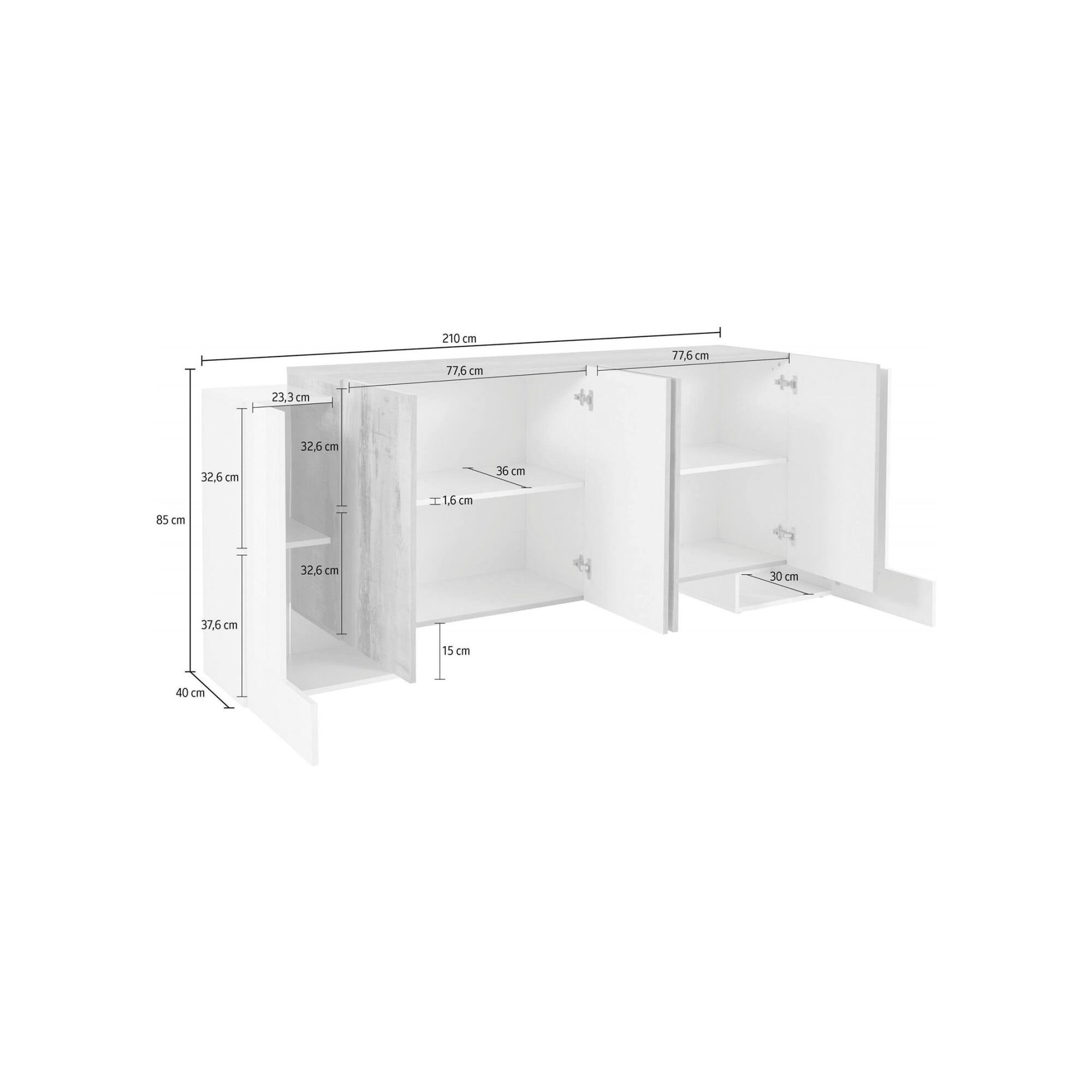 Credenza moderna a 6 Hades, Made in Italy, Madia da cucina, Buffet di design da soggiorno, cm 210x45h85, Bianco lucido e Acero