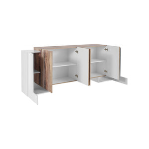 Credenza moderna a 6 Hades, Made in Italy, Madia da cucina, Buffet di design da soggiorno, cm 210x45h85, Bianco lucido e Acero