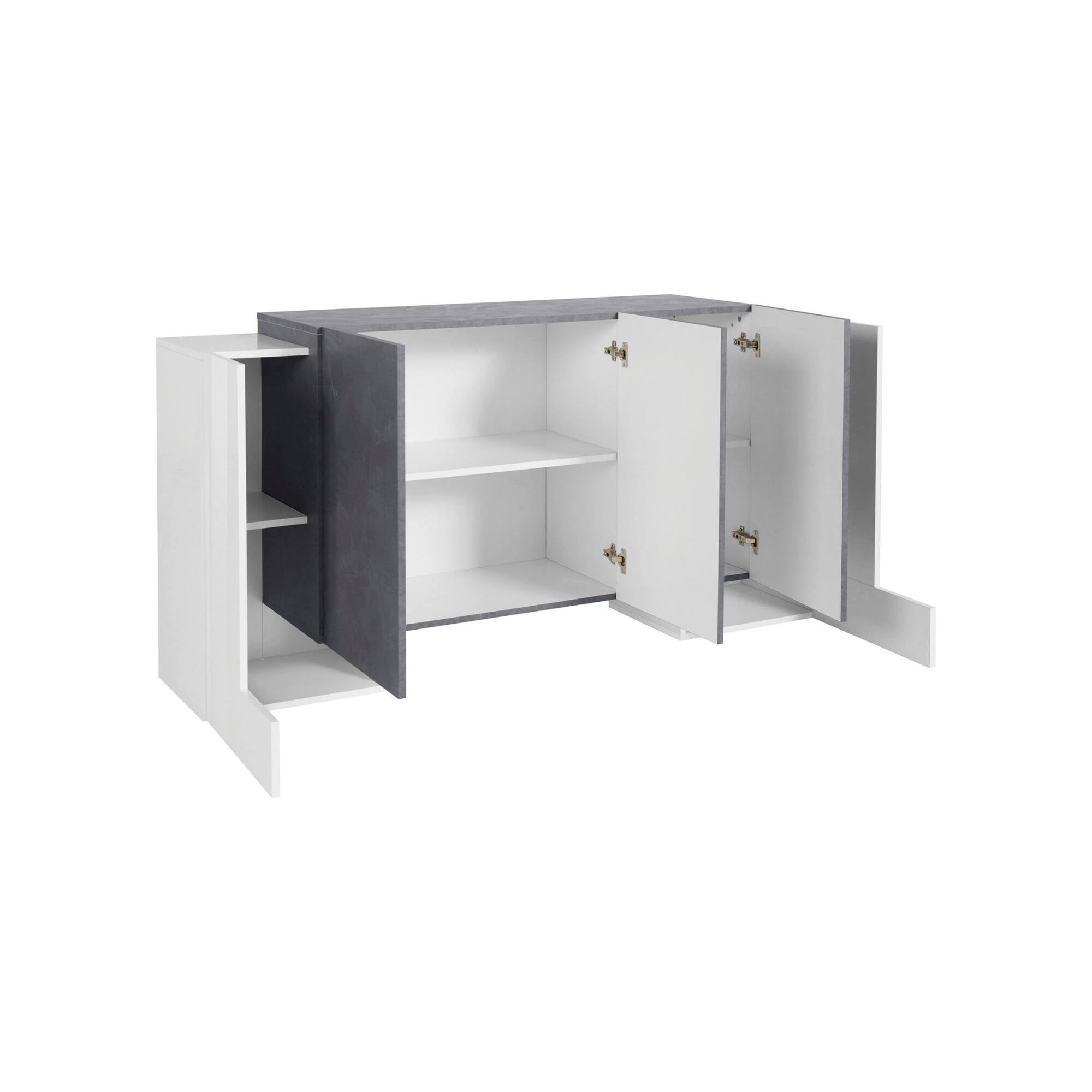 Credenza moderna a 5 Arek, Made in Italy, Madia da cucina, Buffet di design da soggiorno, cm 170x45h85, Bianco lucido e Grigio Cenere