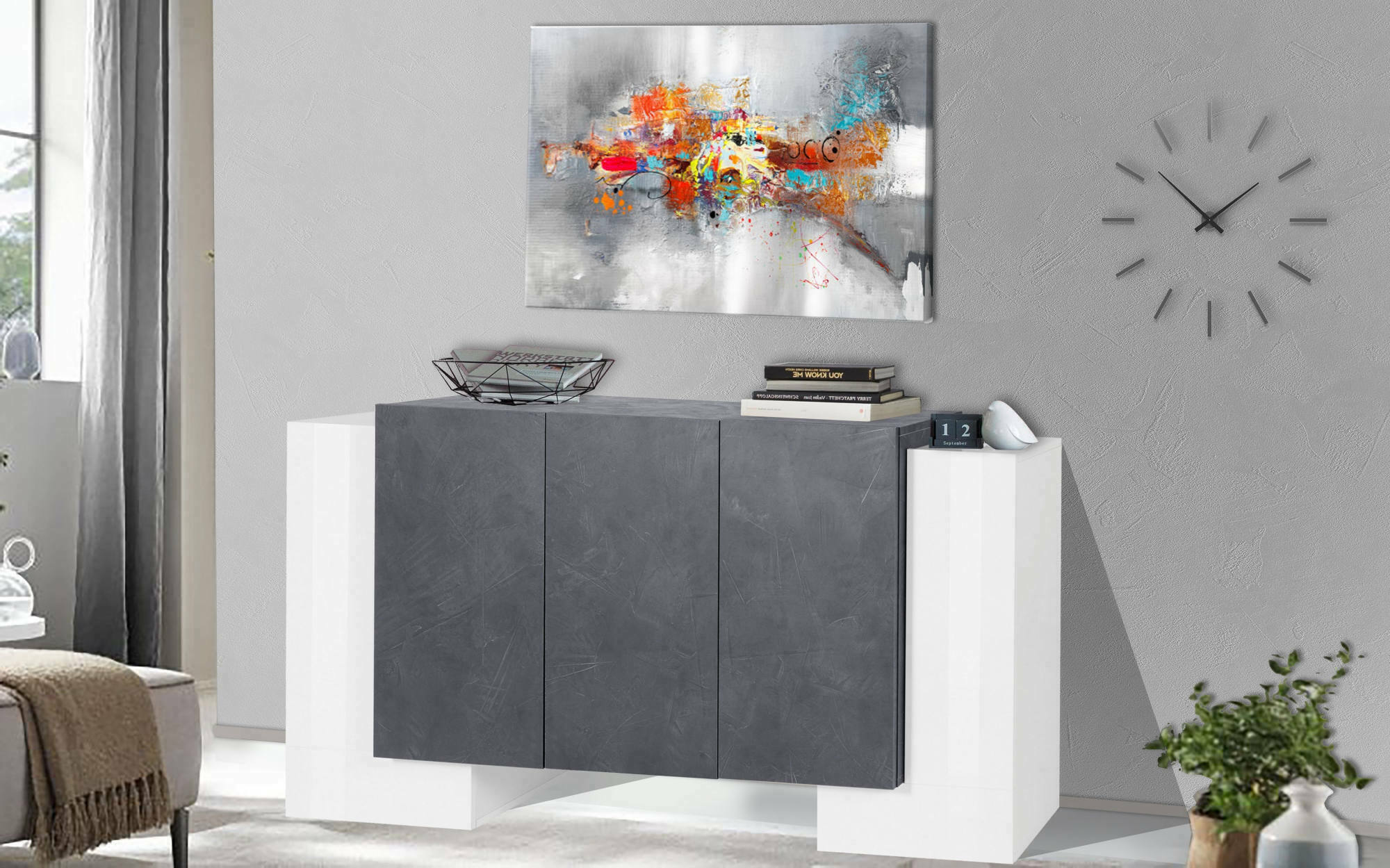 Credenza moderna a 5 Arek, Made in Italy, Madia da cucina, Buffet di design da soggiorno, cm 170x45h85, Bianco lucido e Grigio Cenere