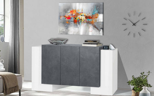 Credenza moderna a 5 Arek, Made in Italy, Madia da cucina, Buffet di design da soggiorno, cm 170x45h85, Bianco lucido e Grigio Cenere
