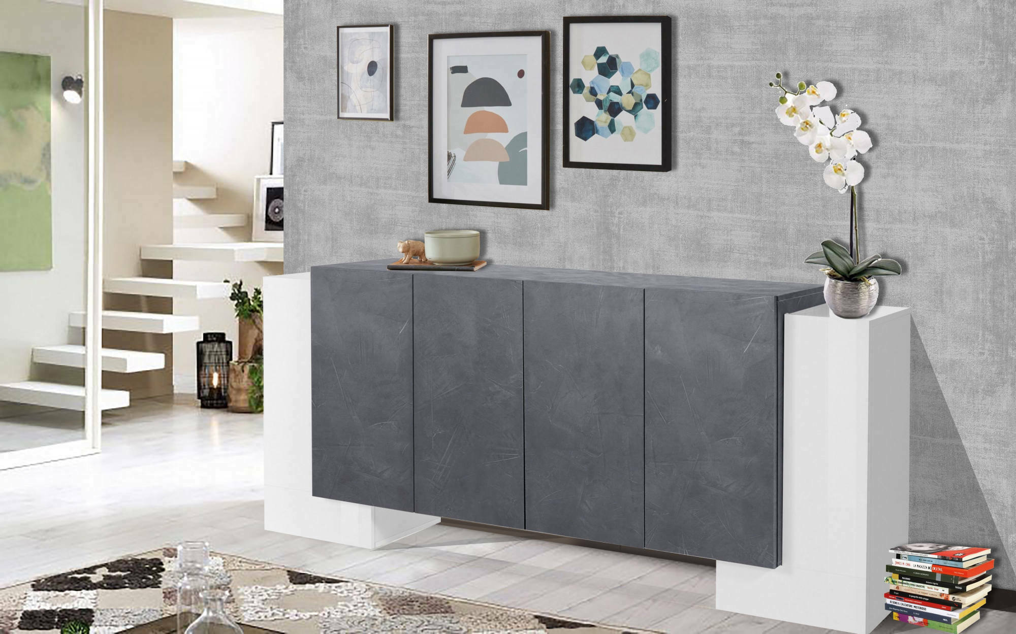 Credenza moderna a 6 Hades, Made in Italy, Madia da cucina, Buffet di design da soggiorno, cm 210x45h85, Bianco lucido e Grigio Cenere