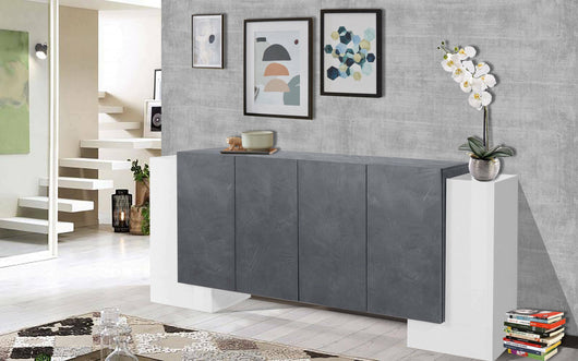 Credenza moderna a 6 Hades, Made in Italy, Madia da cucina, Buffet di design da soggiorno, cm 210x45h85, Bianco lucido e Grigio Cenere