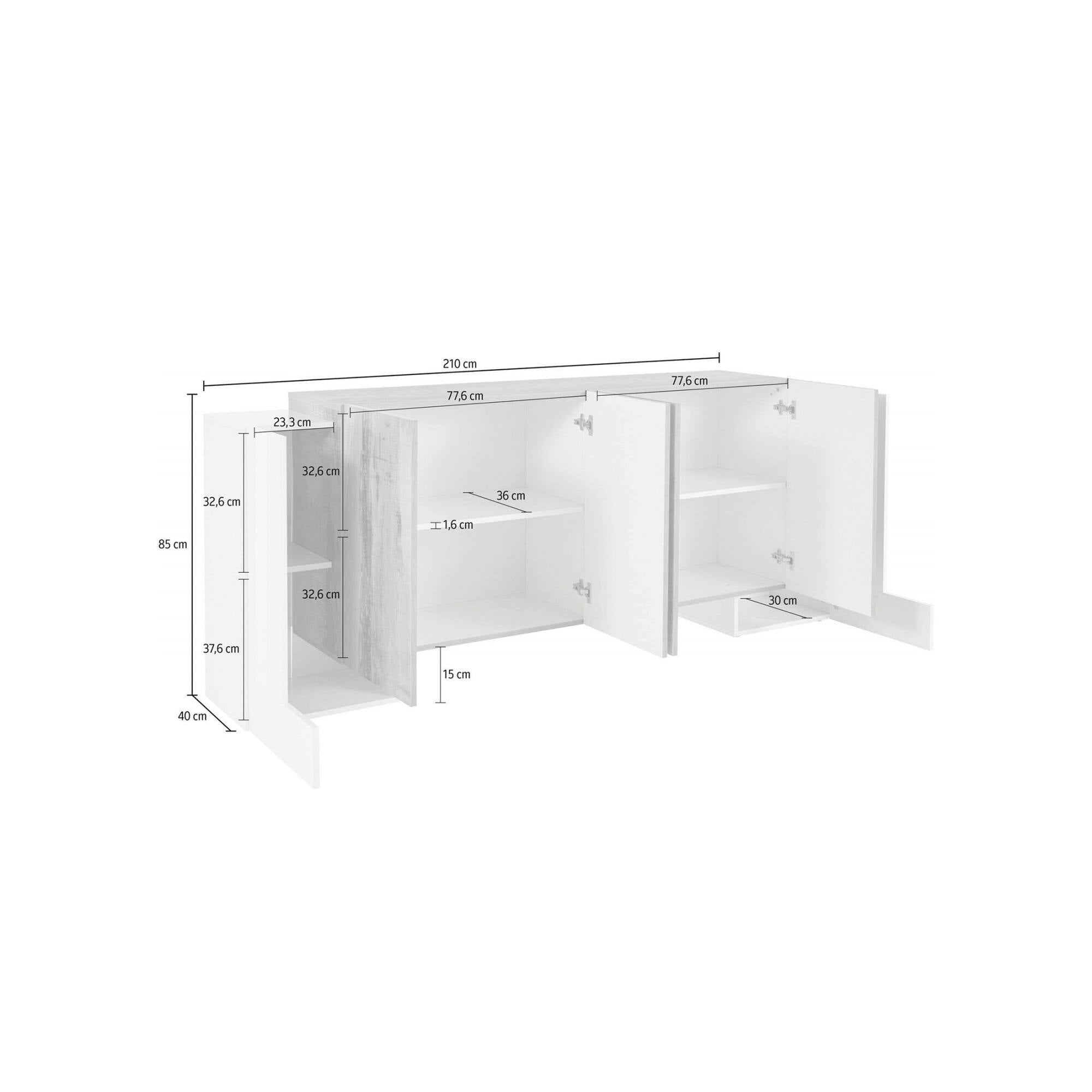 Credenza moderna a 6 Hades, Made in Italy, Madia da cucina, Buffet di design da soggiorno, cm 210x45h85, Bianco lucido e Grigio Cenere