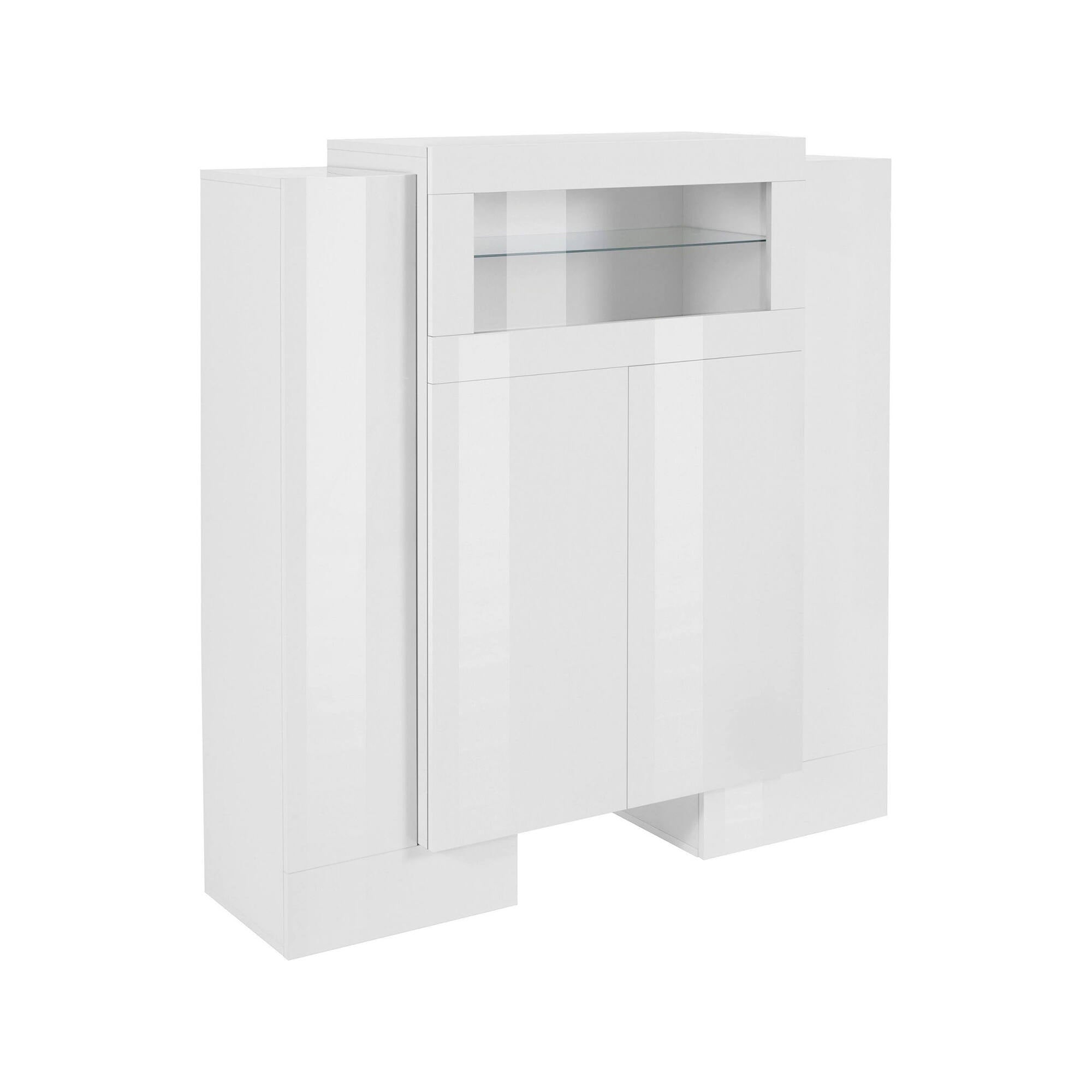 Credenza moderna a 5 ante con dettaglio in Acquadolce, Made in Italy, Vetrinetta, Mobile da soggiorno, cm 130x45h135, Bianco lucido