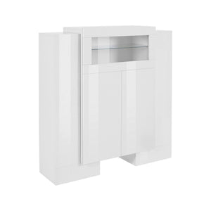 Credenza moderna a 5 ante con dettaglio in Acquadolce, Made in Italy, Vetrinetta, Mobile da soggiorno, cm 130x45h135, Bianco lucido