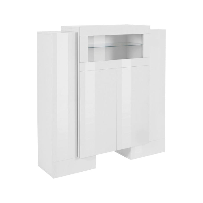 Credenza moderna a 5 ante con dettaglio in Acquadolce, Made in Italy, Vetrinetta, Mobile da soggiorno, cm 130x45h135, Bianco lucido