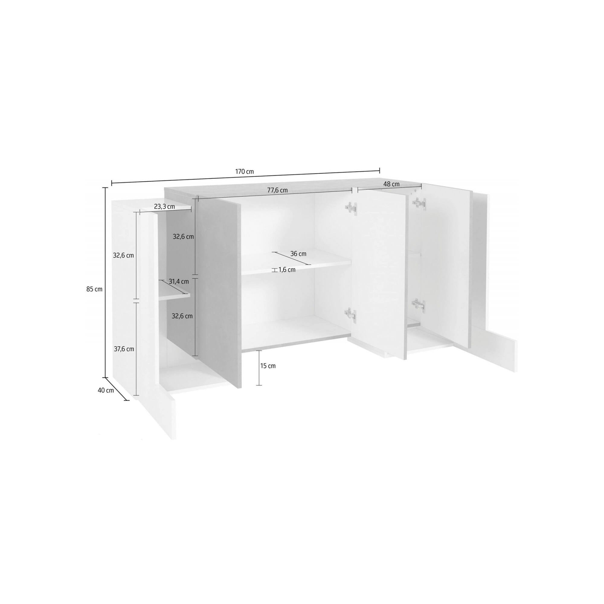 Credenza moderna a 5 Arek, Made in Italy, Madia da cucina, Buffet di design da soggiorno, cm 170x45h85, Bianco lucido