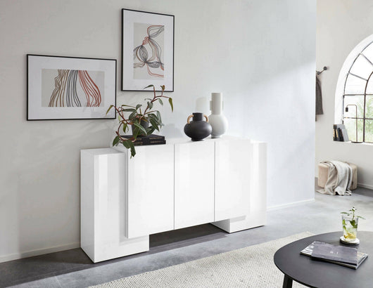 Credenza moderna a 5 Arek, Made in Italy, Madia da cucina, Buffet di design da soggiorno, cm 170x45h85, Bianco lucido