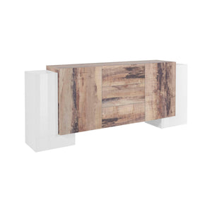 Credenza moderna a 2 ante e 3 Alchemy, Made in Italy, Madia da cucina, Buffet di design da soggiorno, cm 210x45h85, Bianco lucido e Acero